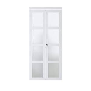 36 in. x 80.5 in. 4-Lite Tempered Frosted Glass Solid Core White Finished Composite Bifold Door with Hardware Kit
