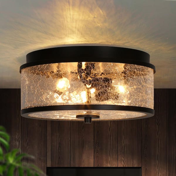 Modern Farmhouse 12 in. 3-Light Black Flush Mount Light, Round Crackle Glass Brass Ceiling Light for Bathroom, Foyer