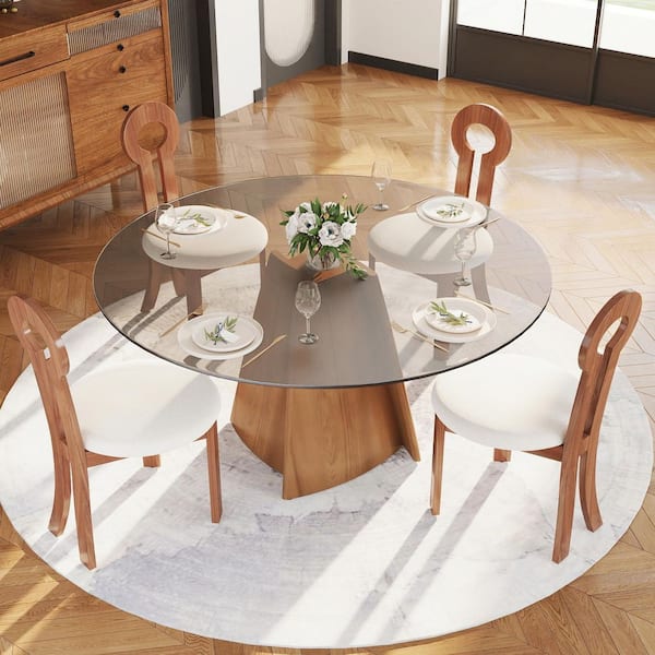 Modern 59.05 in. Black Round Tempered Glass Tabletop Dining Table with Walnut Pedestal Base (Seats 8)