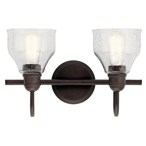 KICHLER Avery 15 in. 2-Light Olde Bronze Vintage Bathroom Vanity Light with Clear Seeded Glass