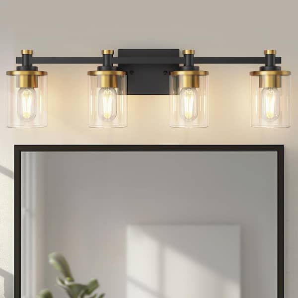 27.6 in. 4-Light Black and Gold Vanity Light Modern Wall Sconce with Clear Cylinder Glass Shades, E26 Bathroom Fixture
