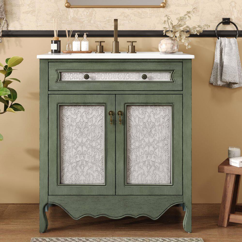 30 in. Single Sink Antique Green Bath Vanity Cabinet with White Ceramic Top, Tip-Out Tray (Assembled) price history on PriceWatchPro