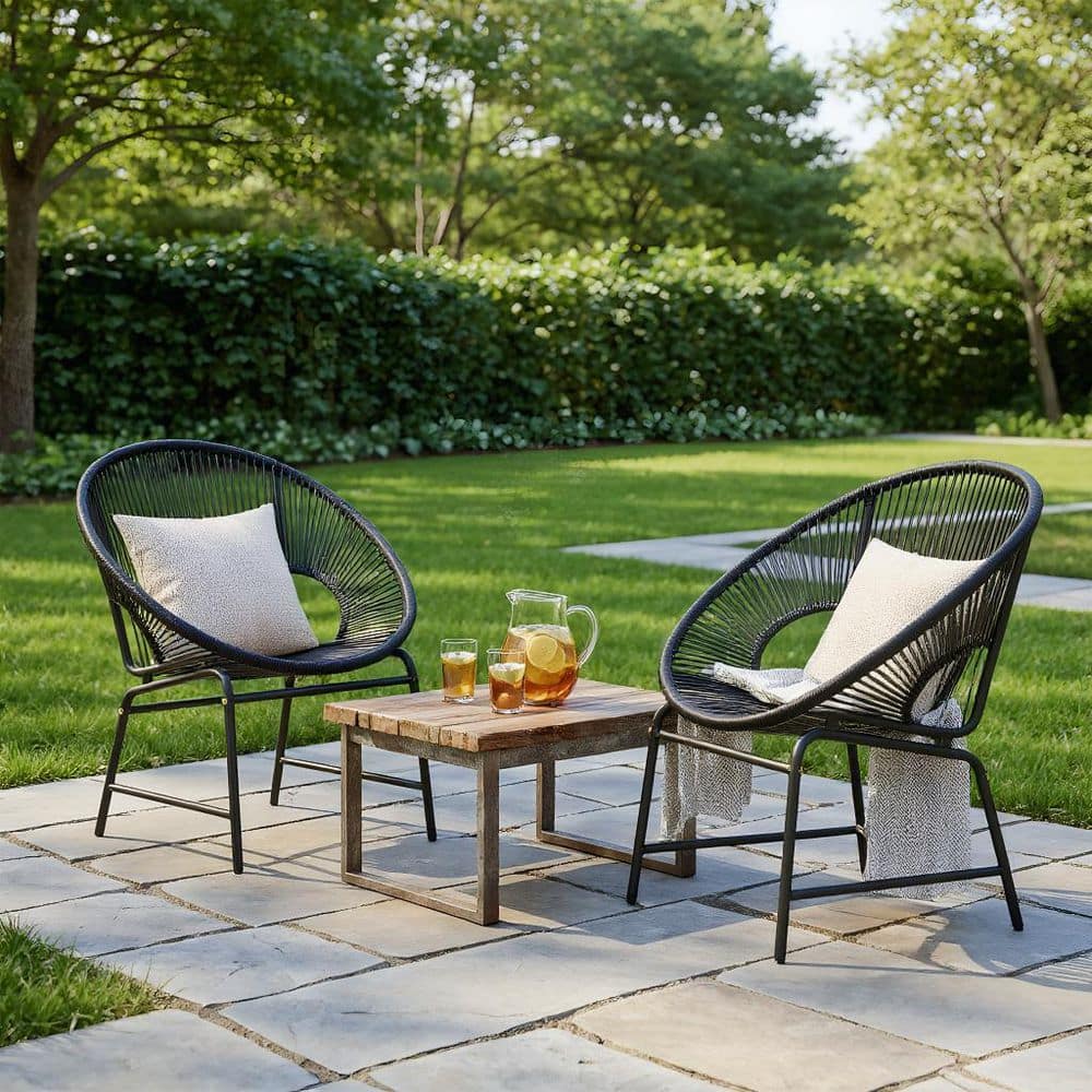 Black Metal Wicker Outdoor Lounge Chair in Black Set of 2 with Beige Cushions for Patio, Garden, Backyard price history on PriceWatchPro