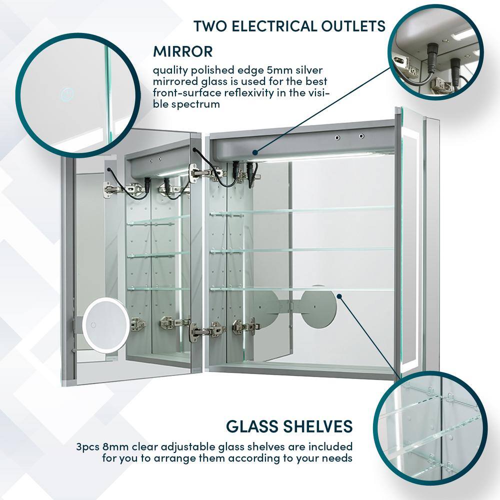 30'' Square Modern Mirrored LED Medicine Cabinet with Interior Outlet