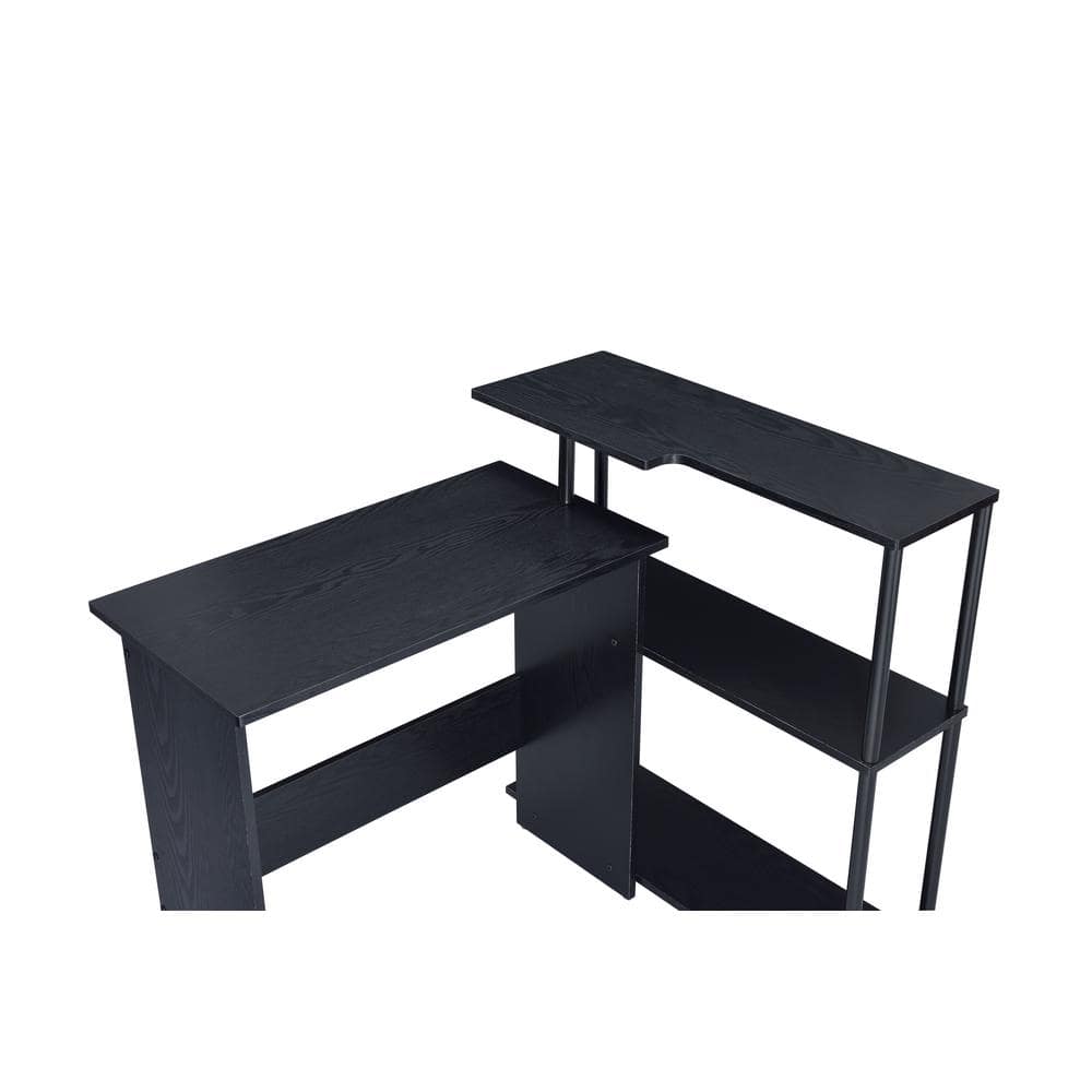 Elegant Black Wood Writing Desk with 3-Tier Storage Shelf