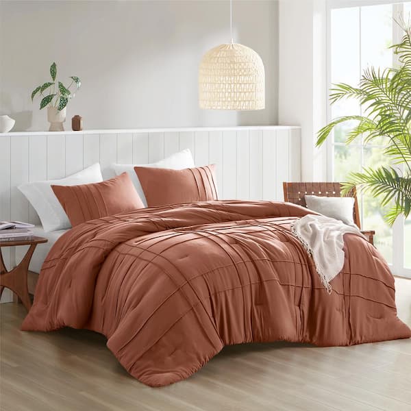 Porter 3-Piece Clay Microfiber Queen Soft Washed Pleated Comforter Set