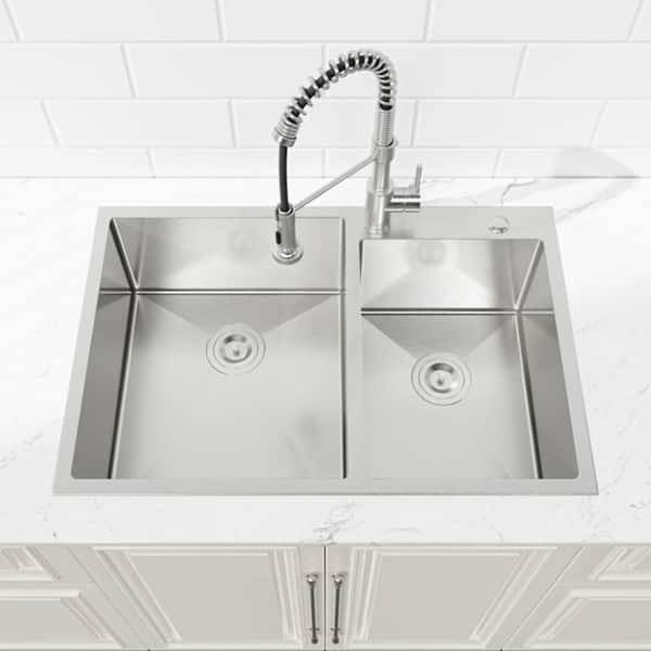 Numhew 33 in. Embedded Double Bowl 20 Gauge Stainless Steel