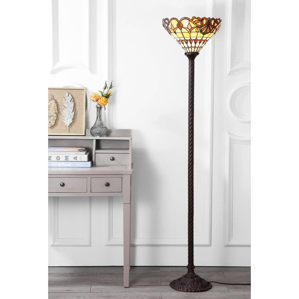 Davis Tiffany-Style 70" Bronze Torchiere with Multicolor Stained Glass
