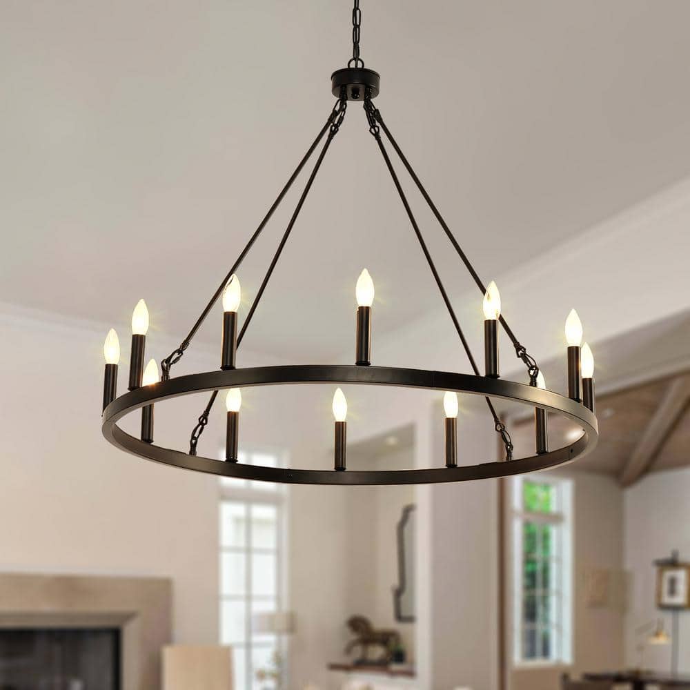 12-Light Wagon Wheel Chandelier, 31 in. Black Round Chandeliers Outdoor Por