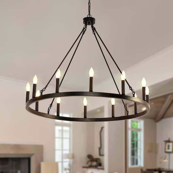 BAOURE 12-Light Wagon Wheel Chandelier, 31 in. Black Round Chandeliers Outdoor Porch Light Fixtures