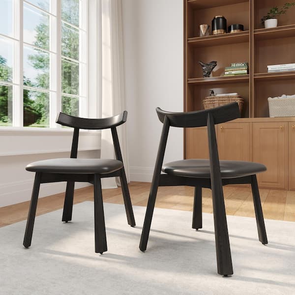 Black Microfiber Leather Dining Chair (Set of 2), Upholstered Side Chairs with Wood Legs for Dining Room