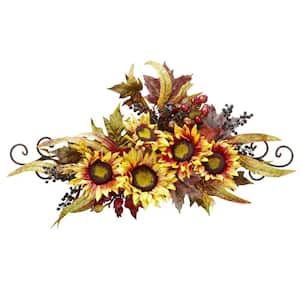 12 in. Artificial H Yellow Sunflower Swag with Metal Frame