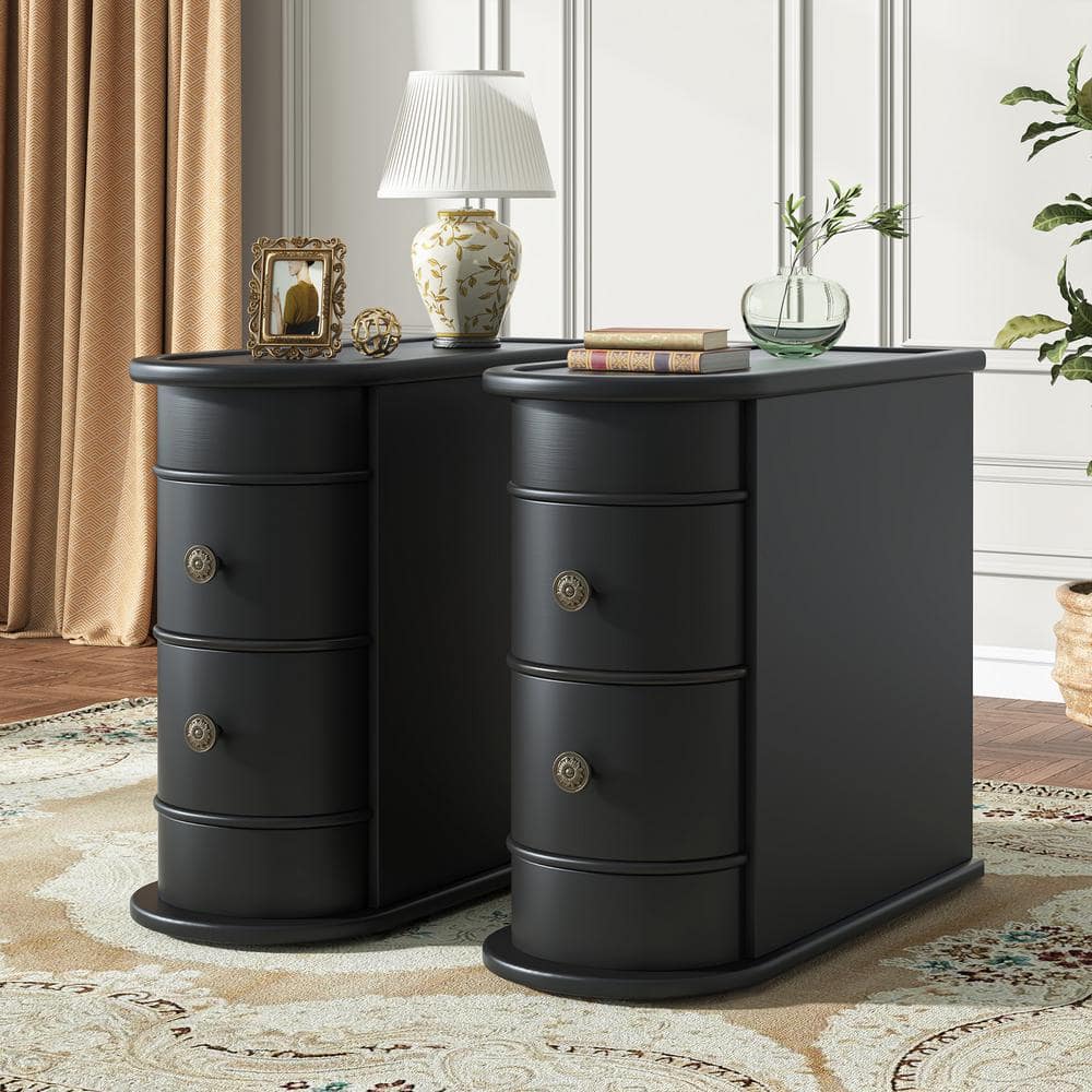 Black Wooden Slim Nightstand with 2 Drawers