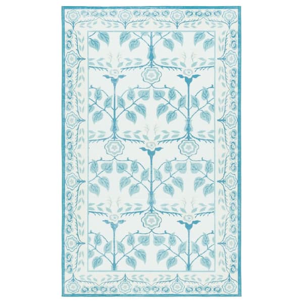 Martha Stewart Washable Ivory/Light Blue  4 ft. x 6 ft. Machine Washable Geometric Floral Area Rug