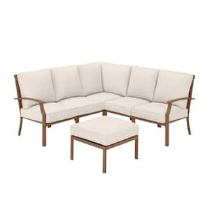 Geneva 6-Piece Brown Wicker Outdoor Patio Sectional Sofa Seating Set with Ottoman and CushionGuard Almond Tan Cushions