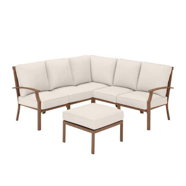 Geneva 6-Piece Brown Wicker Outdoor Patio Sectional Sofa Seating Set with Ottoman and CushionGuard Almond Tan Cushions