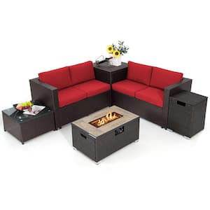 6 Piece Patio Sofa & Fire Table Set Outdoor Wicker Rattan Sectional Sofa Set w/Storage Box Red