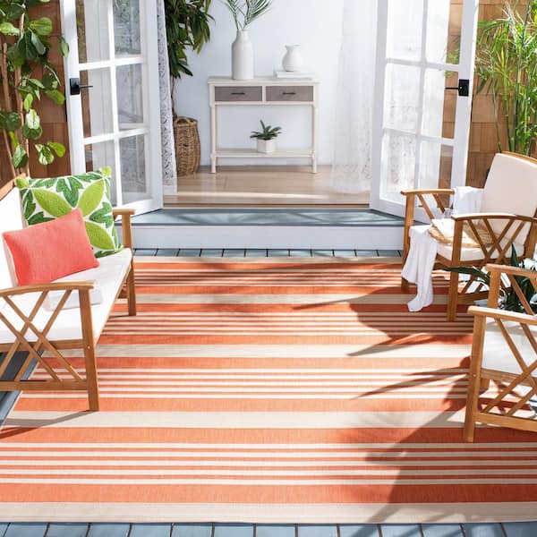 Courtyard Terracotta/Beige 5 ft. x 5 ft. Striped Indoor/Outdoor Patio  Square Area Rug