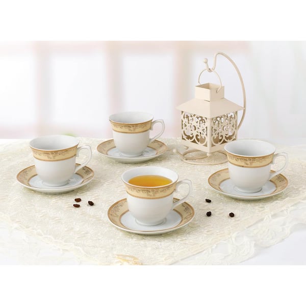 Set of 4 Colorful Porcelain Tea-Coffee Cups and Saucers Set - 8 oz, Gold