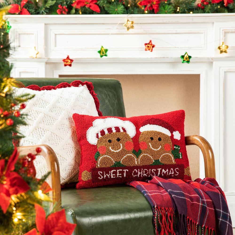 Red Rectangular Hooked Gingerbread Boy and Girl Christmas Pillow