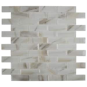 Ivory Amber Beveled 2x6 Subway 11.81 in. x 11.81 in. x 8 mm Glossy Glass Mesh-Mounted Mosaic Tile (9.7 sq. ft./Case)