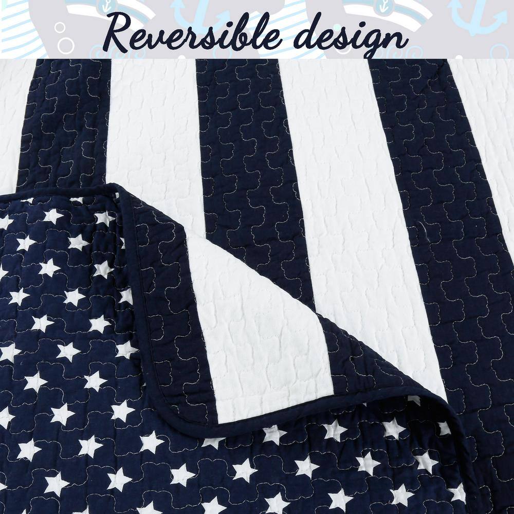 Navy Blue and White Striped Microfiber King Quilt Set