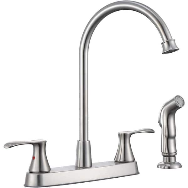 Double Handle Deck Mount Standard Kitchen Faucet 4 Hole Kitchen Sink Faucet with Sprayer in Brushed Nickel