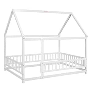 White Full Size Wood House Floor Bed with Fence Guardrails Playhouse Bed Frame Montessori House Bed for Kids