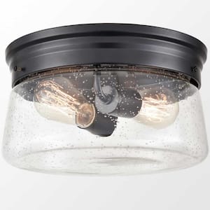 11 in. 2-Light Fixture Black Finish Modern Flush Mount with Seeded Glass Shade 1-Pack