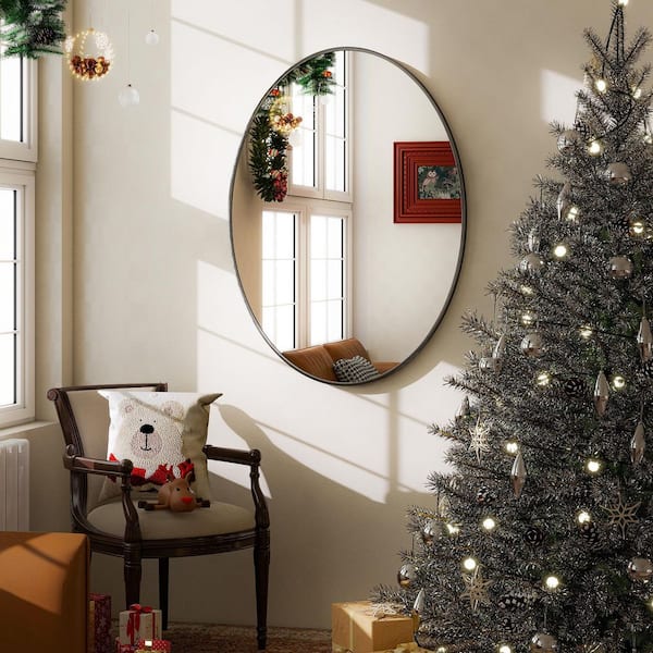 XRAMFY 24 in. W x 35.8 in. H Oval Modern Black Aluminum Framed Bathroom Mirror Wall Mirror