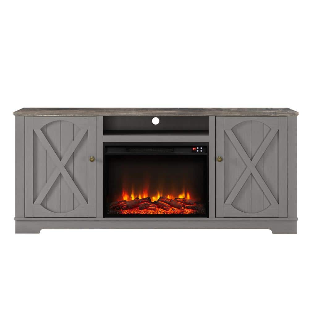 Gray Farmhouse TV Stand with Fireplace and Storage Cabinets