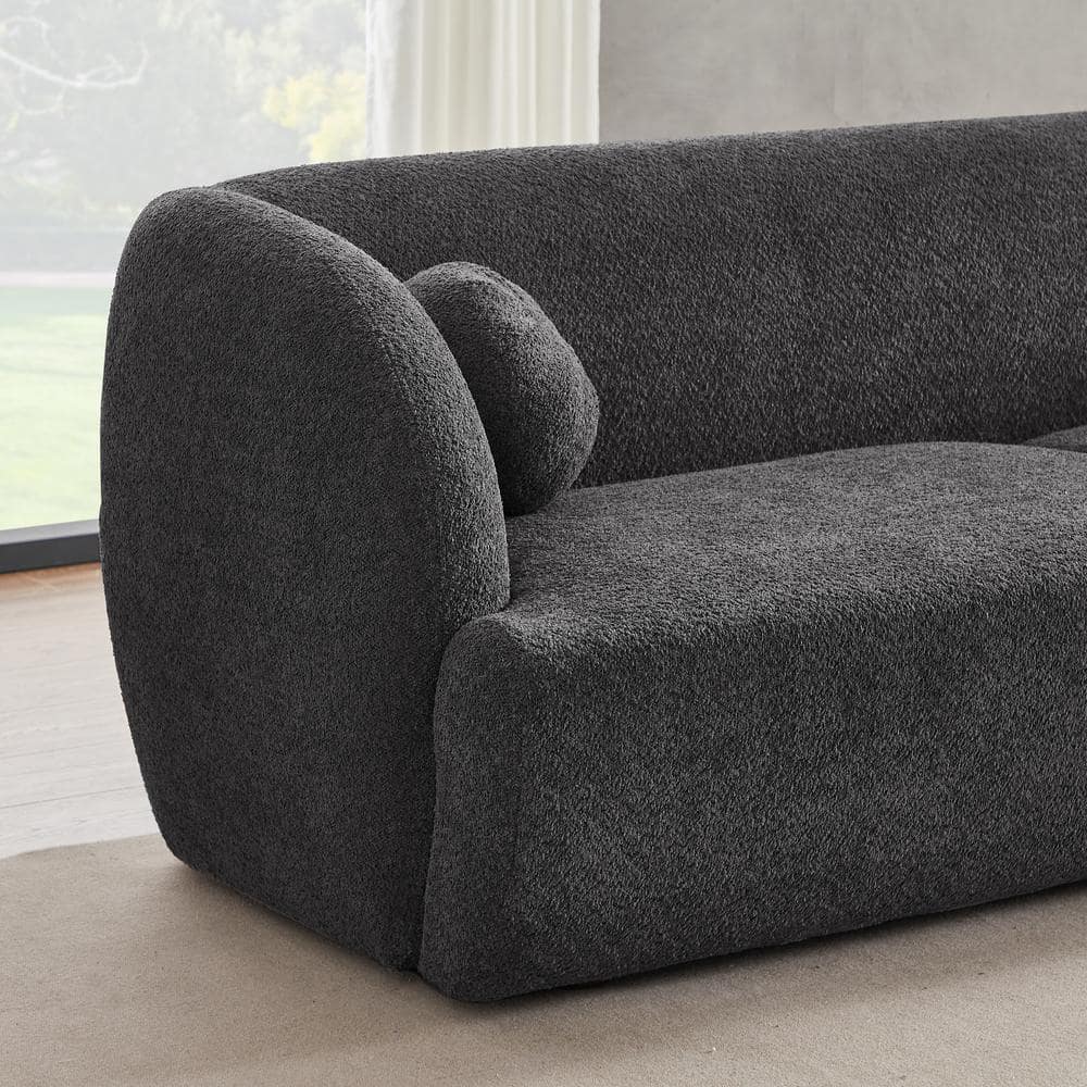 Gray Boucle Fabric Curved 3-Seat Sofa with Walnut Legs