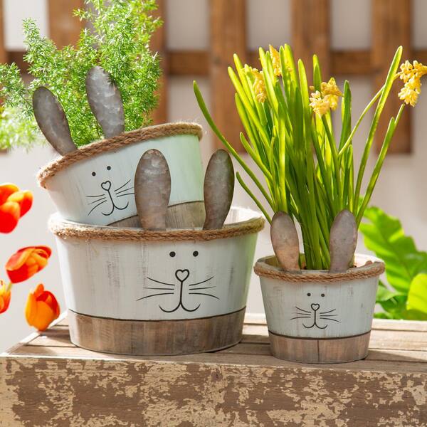 Evergreen Wood Bunny Planter with Ears, (Set of 3) 8PMTL5325 - The