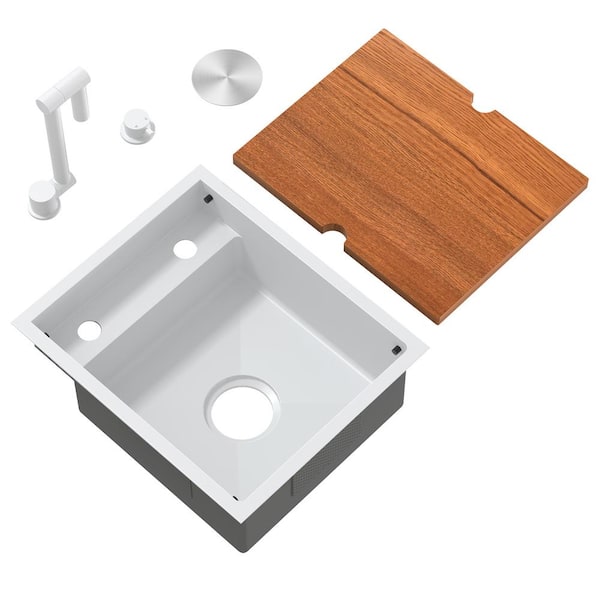 18 in. Undermount Single Bowl 16-Gauge White Stainless Steel Hidden Utility Kitchen Bar Sink w/Folding Faucet