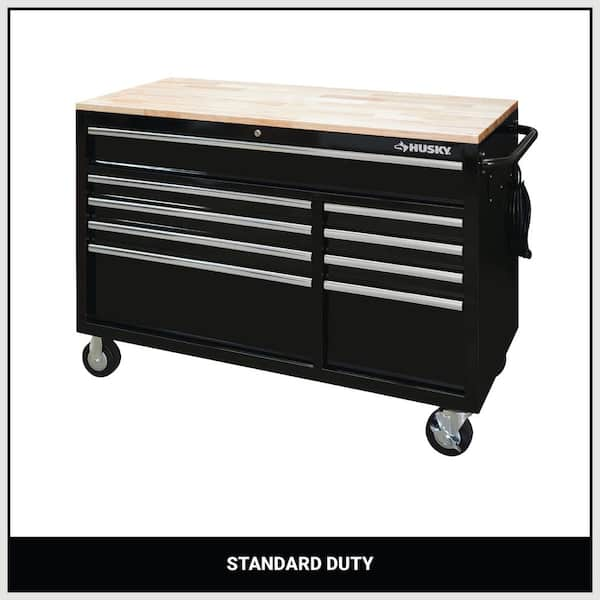 Husky 52 in. W x 25 in. D Standard Duty 9-Drawer Mobile Workbench Tool Chest with Solid Wood Top in Gloss Black