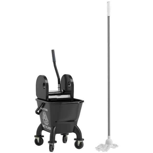 Mop Bucket with Wringer on Wheels for Floor Cleaning, 27.5 Quart Down Press Wringer with Handle and Mop, Black