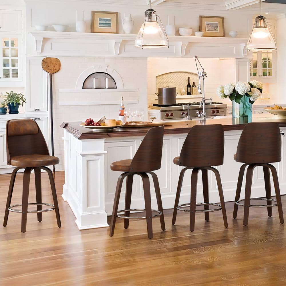 Edward 26 in. Yellow Brown Faux Leather Swivel Bar Stool Solid Wood Walnut 