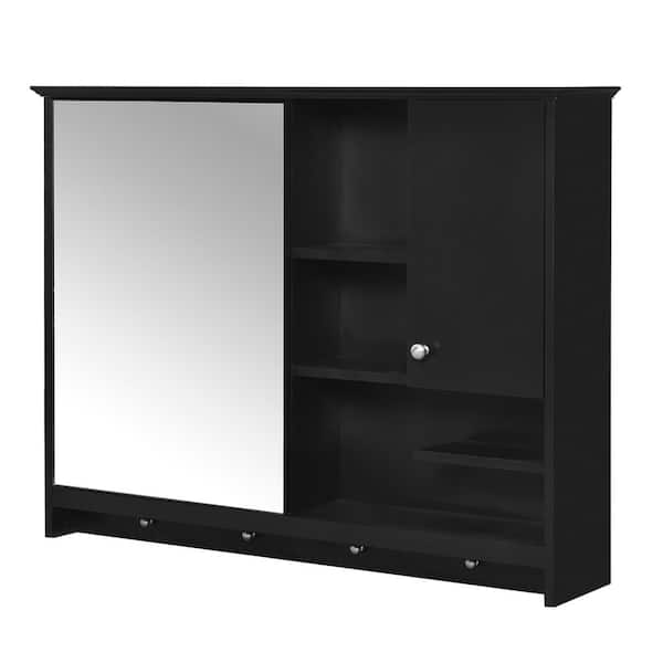 36 in. W x 28 in. H Rectangular MDF Medicine Cabinet with Mirror Black Bathroom Storage Cabinet with Towel Hooks