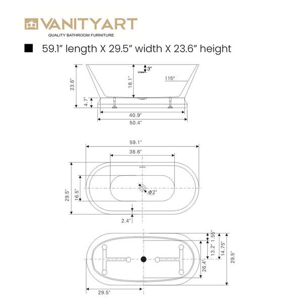 Vanity Art Versailles 59 in. Acrylic Flatbottom Freestanding Bathtub in White/Polished Chrome