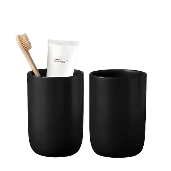 2-Cups Ceramic Toothbrush Toothpaste Holders Set, Reusable Toothbrush Mouthwash Cup for Bathroom, Black