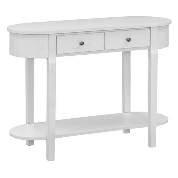 CSC DECOR INC 40 in. Antique White Rectangle Solid Wood Narrow Console Table with 2 Drawers & Open Shelf Curved Corner Sofa Table