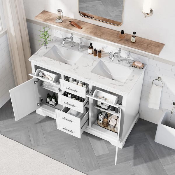 美中古デニイロ343 ホワイトスネイク Jearey 48 in. White Wood Double Sink Freestanding Bathroom Vanity