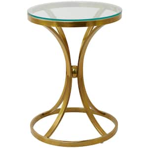 18 in. Gold Hourglass Shaped Stand Large Round Glass End Accent Table with Clear Glass Top
