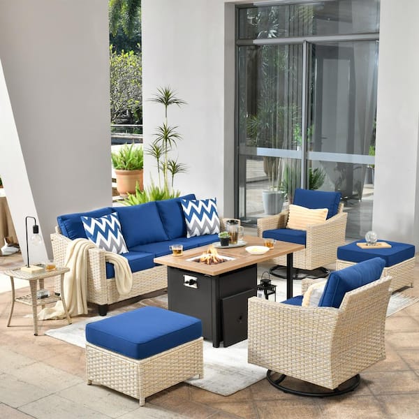 weaxty W Camellia F 7-Piece Wicker Patio Storage Fire Pit Conversation Set with Swivel Rocking Chairs and Navy Blue Cushions