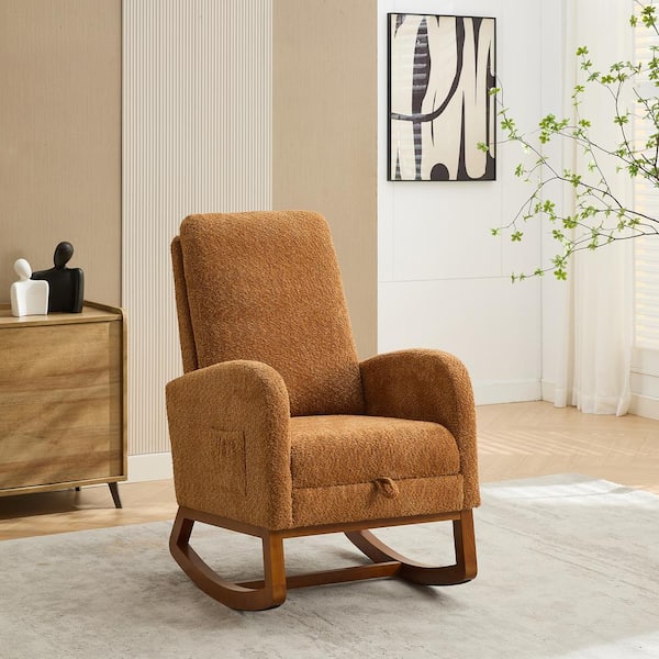 Caramel Boucle Fabric Rocking Chair with Retractable Footrest Nursery Glider Rocker Accent Armchair with Side Pocket