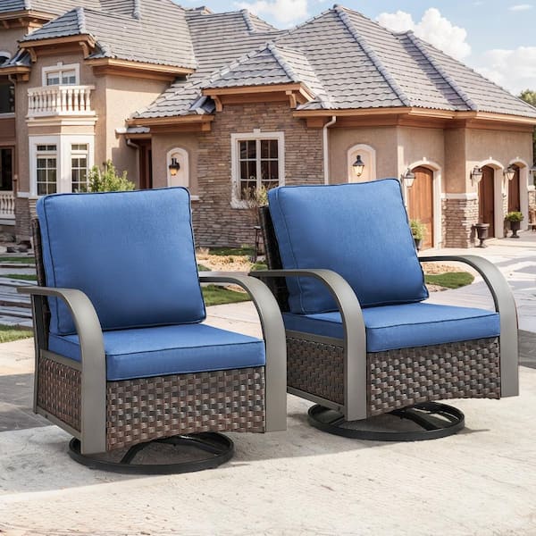 Iron Bend Series 2-Pack Brown Wicker Outdoor Glider Rocking Chair with CushionGuard Blue Cushions