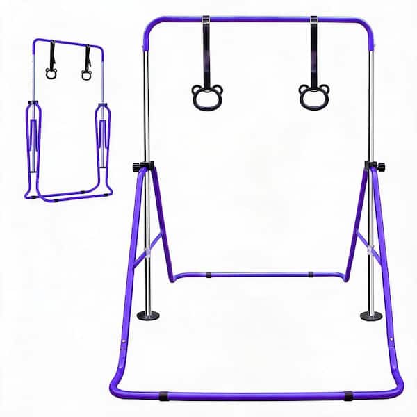 34.8-51 in. Adjustable Height Purple Foldable Steel Children's Gymnastic Bar with Bear Rings