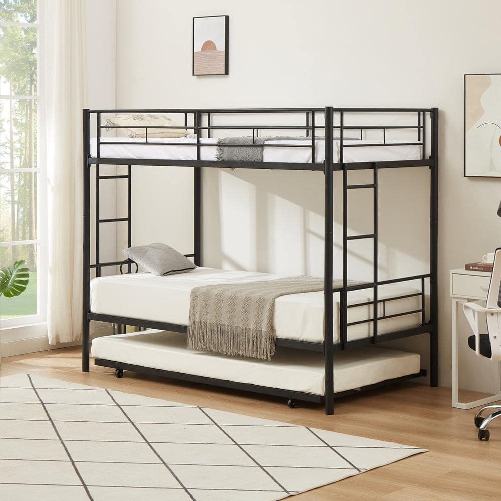 VECELO Bunk Bed Black with Trundle, Twin over Twin Metal Bunkbeds with ...