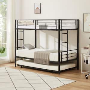 Bunk Bed Black with Trundle, Twin over Twin Metal Bunkbeds with Ladder and Full-Length Guardrail, Noise Free
