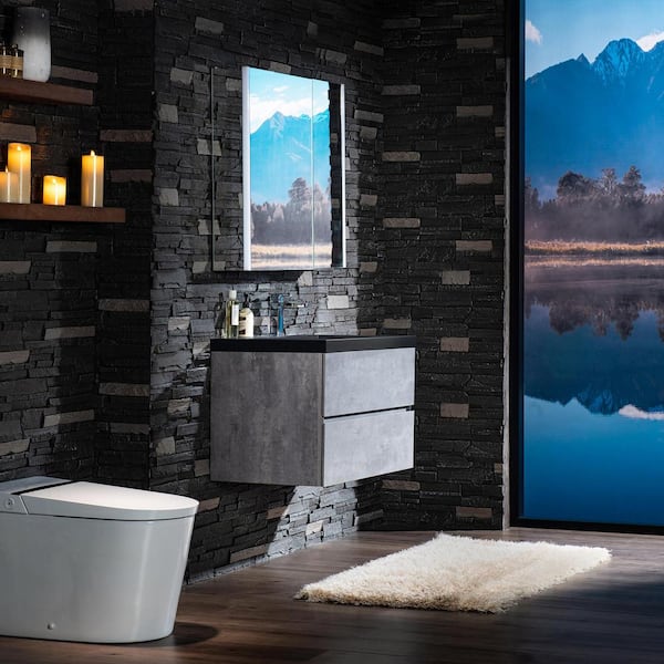 CA 35.38 in. W x 19.63 in. D x 22.5 in. H Single Sink Floating Bath Vanity in Gray with Black Quartz Top